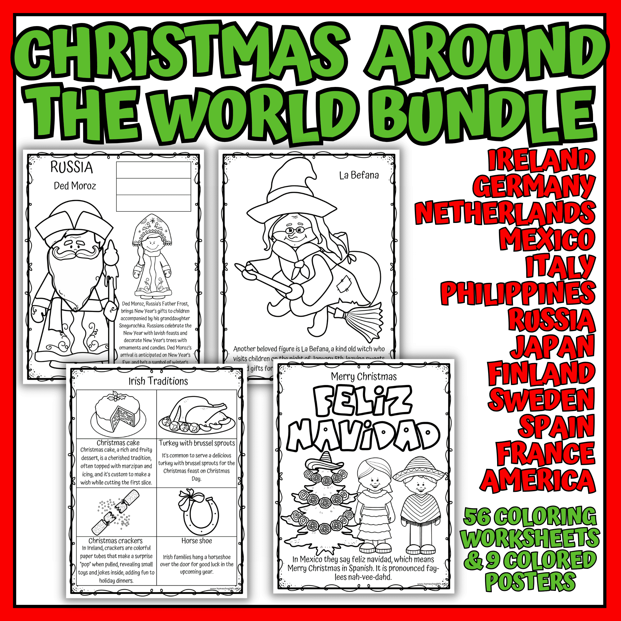 christmas around the world bundle - posters, worksheets & coloring